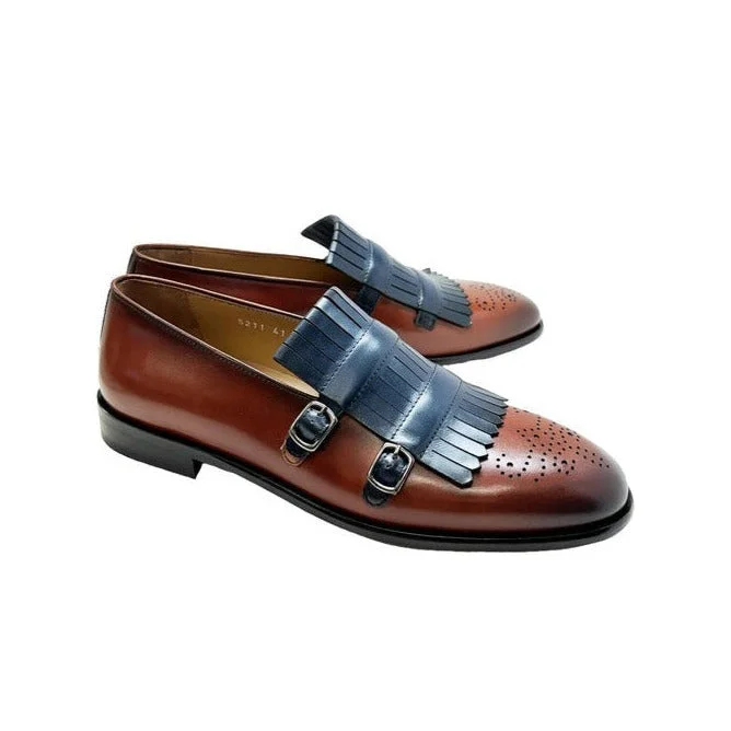 loafers with sleek black finish-Corrente C0001901-5211 Men's Shoes Navy & Brown Calf-Skin Leather Kilt Buckles Loafers (CRT1496)