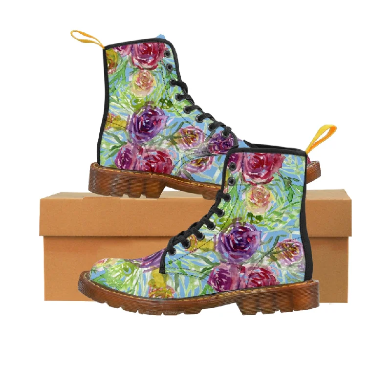 boots for rugged outdoor use-Blue Yellow Rose Women's Boots, Floral Print Designer Premium Ladies' Laced-up Boots For Ladies