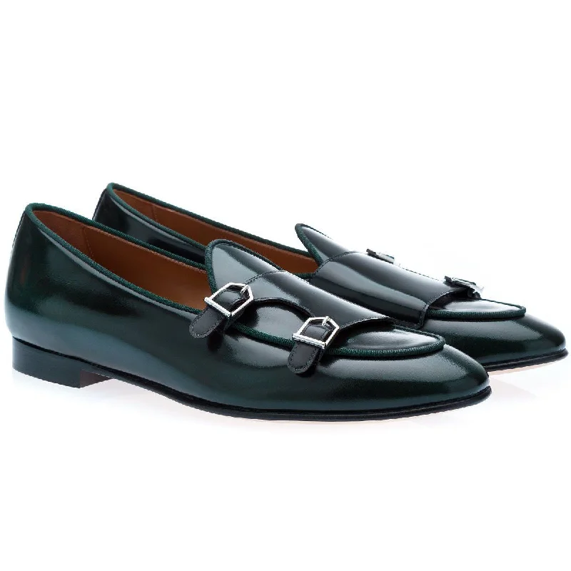 loafers with classic heel-SUPERGLAMOUROUS Tangerine 7 Brushed Men's Shoes Green Polished Leather Belgian Loafers (SPGM1155)