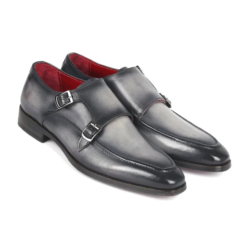 loafers for outdoor wear-Paul Parkman SW534GY Men's Shoes Gray Calf-Skin Leather Monk-Straps Loafers (PM6313)