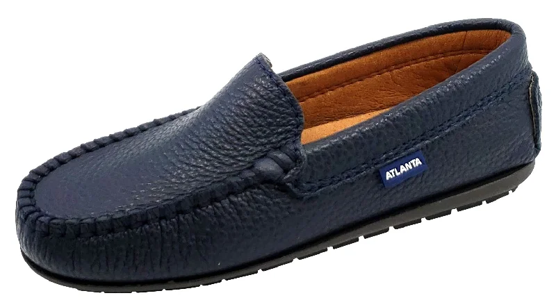 loafers with stylish leather accents-Atlanta Mocassin Boy's and Girl's Pebbled Leather Loafers, Navy Blue