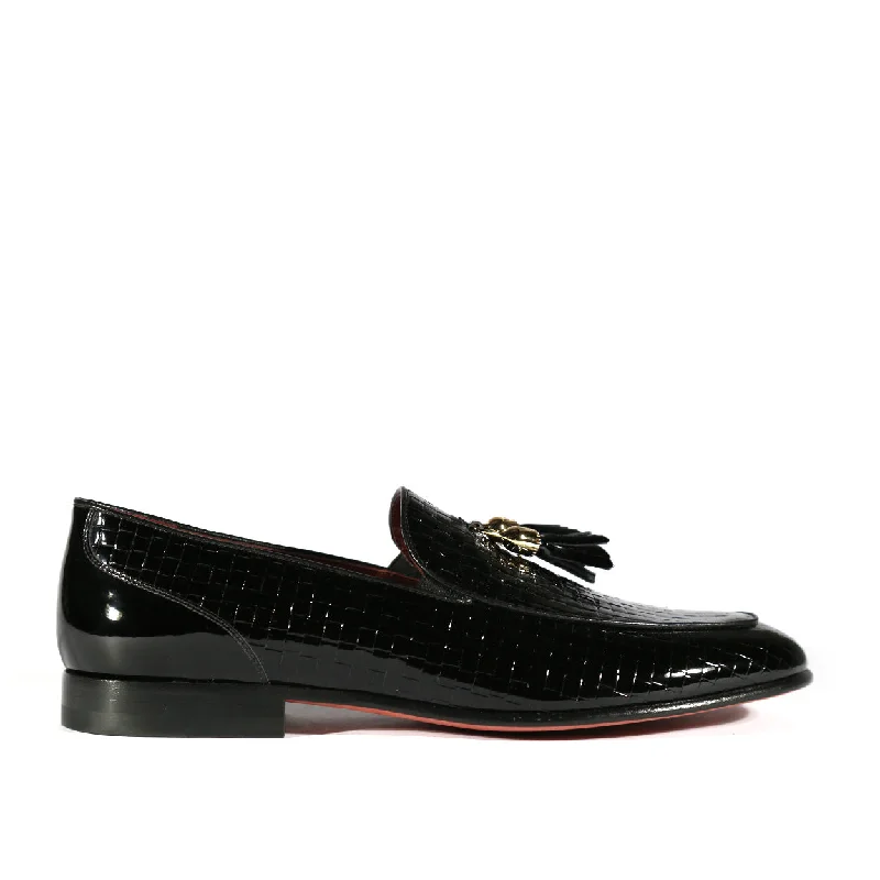 loafers with memory foam sole-Valentino 19673 Men's Shoes Black Woven Patent Leather Tassels Loafers (VAL1005)