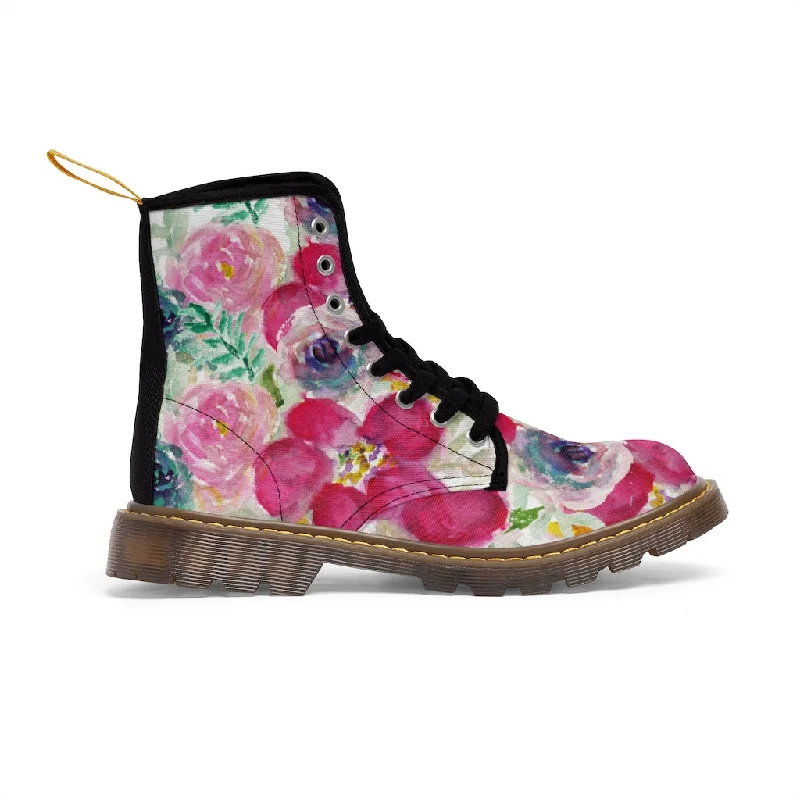 boots with high ankle support-Mixed Floral Print Women's Boots, Rose Ladies' Hiking Combat Hiking Laced-up Boots Shoes