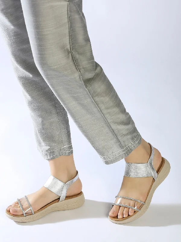 strappy flats for trend-Silver glitter flatsWomens Silver Casual Transparent Round Toe Casual Flats