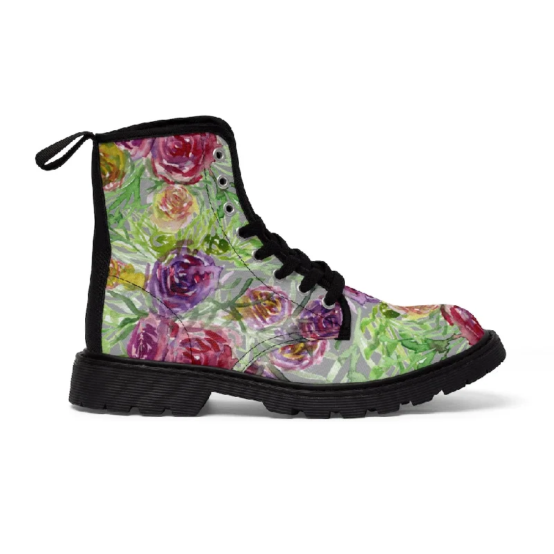 insulated boots with waterproof feature-Grey Yellow Floral Women's Boots, Rose Flower Print Girlie Elegant Cute Hiking Combat Boots