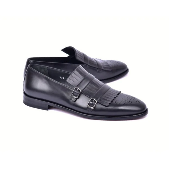 loafers with suede material-Corrente C0001902-5211 Men's Shoes Black Calf-Skin Leather Kilt Buckles Loafers (CRT1497)