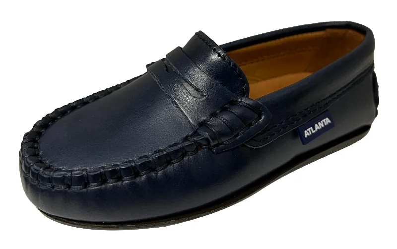 loafers for high-end formal events-Atlanta Mocassin Boy's and Girl's Smooth Leather Penny Loafers, Navy Blue Sierra Antik