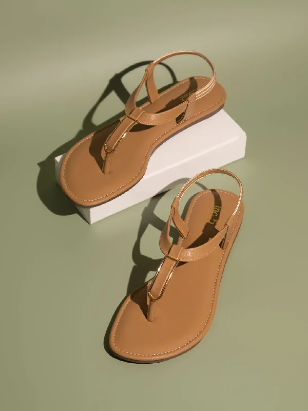 relaxed flats for comfort-Custom-made flatsWomen Beige T-Strap Flats with Buckles