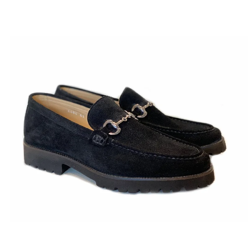 loafers with embroidered design-Corrente C180-4494 Men's Shoes Black Suede Leather Horsebit Loafers (CRT1247)