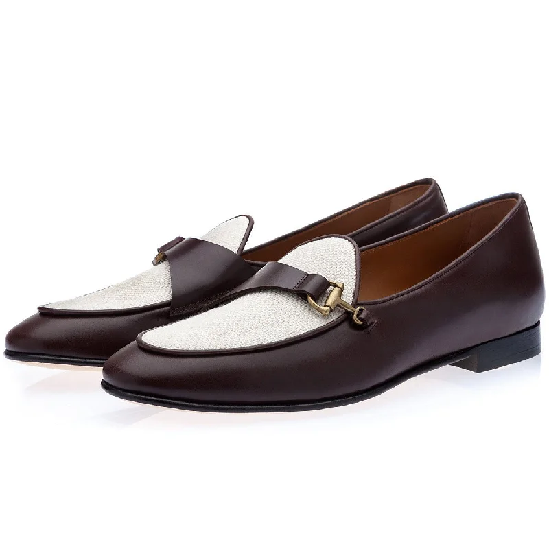 loafers for travel-ready comfort-SUPERGLAMOUROUS Rete Men's Shoes White & Cocoa Canvas / Calf-Skin Leather Belgian Loafers (SPGM1329)