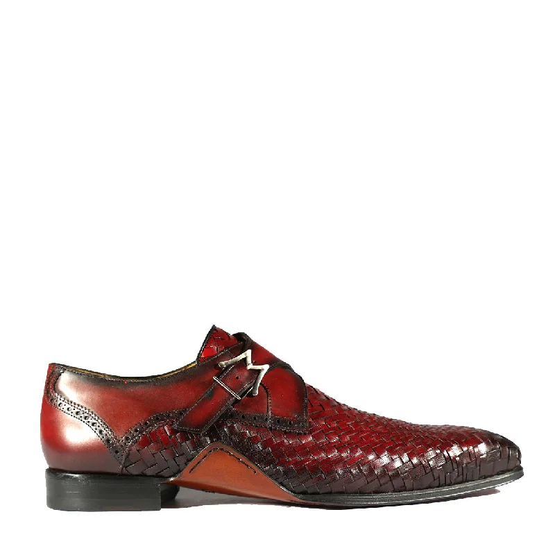 loafers for office style with support-Mezlan S20271 Men's Shoes Burgundy Woven / Calf-Skin Leather Dress Opanka Monk-Straps Loafers (MZS3484)