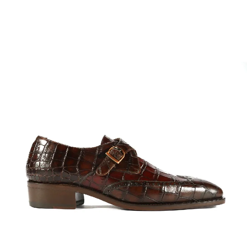 loafers with breathable insole-Ambrogio Men's Shoes Dark Brown & Burgundy Crocodile Print / Calf-Skin Leather Monk-Strap Loafers (AMBX1001)