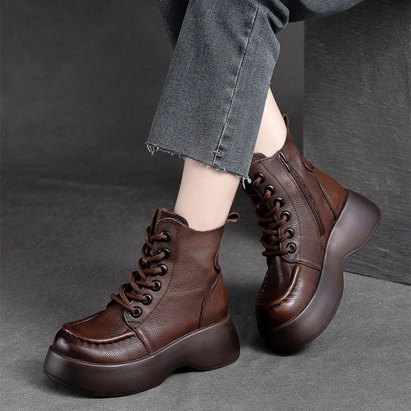 boots with anti-slip soles for wet conditions-Women Retro Minimalist Leather Platform Boots