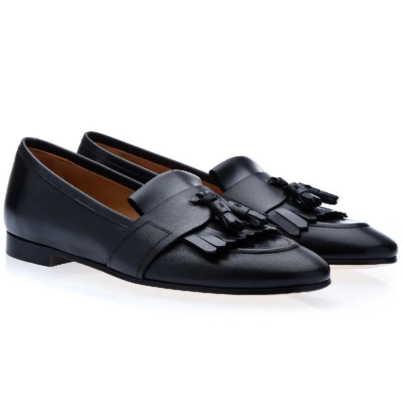 leather loafers for casual wear-SUPERGLAMOUROUS Romeo Toledo Men's Shoes Black Calf-Skin Leather Tassels Loafers (SPGM1051)