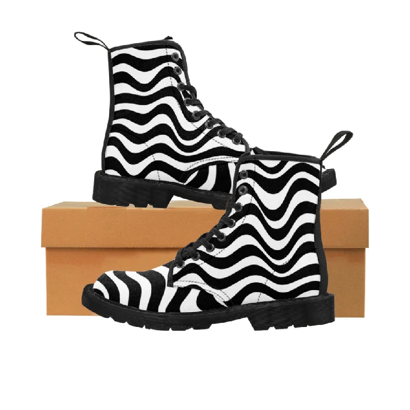 boots with warm inner lining-Black White Waves Women's Boots, Best Abstract Wavy Print Premium Boot Shoes For Ladies