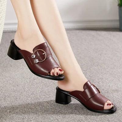 Slippers with soft soles-Leather High Heels Women's Casual Shoes Slippers - P630