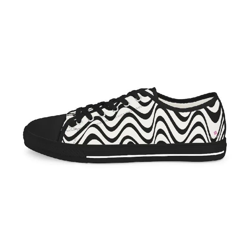 white athletic shoes flair-Black White Wavy Men's Shoes, Best Men's Black and White Waves Abstract Best Printed Low Top Sneakers (US Size: 5-14)