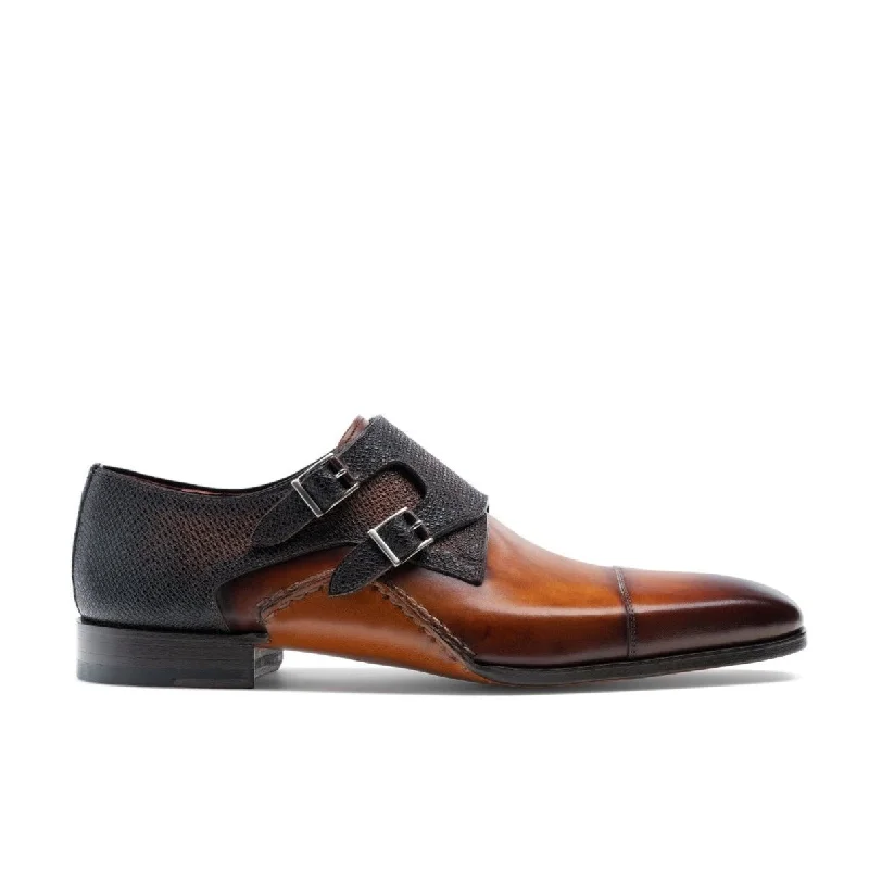 loafers with durable stitching-Magnanni 19616 Ondara II Men's Shoes Two-Tone Brown Lizard Print / Calf-Skin Leather Monk-Straps Loafers (MAGS1000)