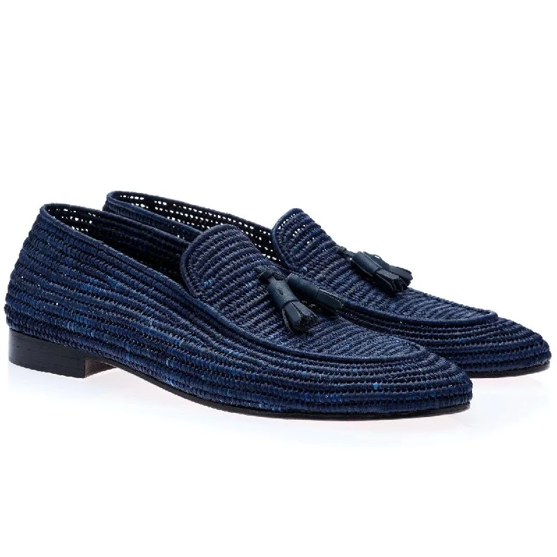 loafers for stylish evening outings-SUPERGLAMOUROUS Melilla Rafia Men's Shoes Navy Fabric Tassel Loafers (SPGM1058)