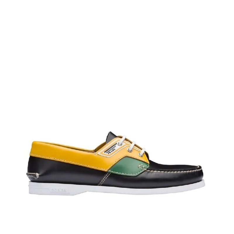 loafers with woven design details-Prada 2EG270-X2O Men's Shoes Black, Green & Yellow Calf-Skin Leather Boat Moccasin Loafers (PRM1009)