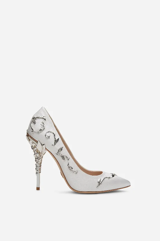 cool high heels white-White Satin Eden Pumps with Silver Leaves