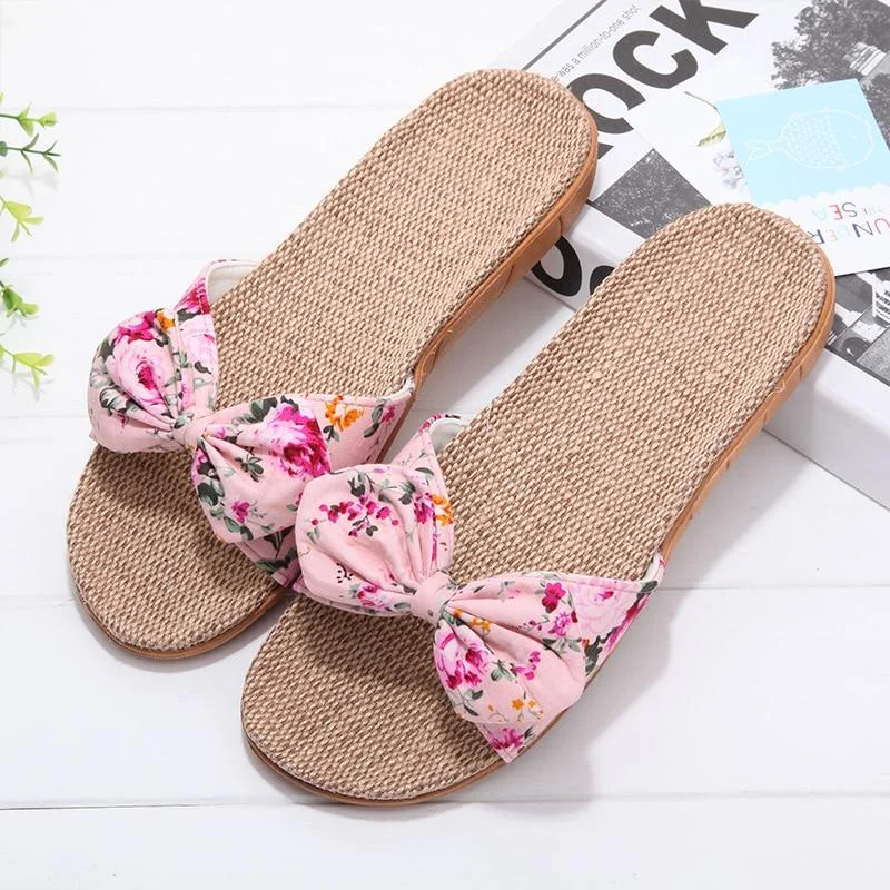 Slippers with fun soles-Summer Floral Ribbon Strap Comfy Slippers