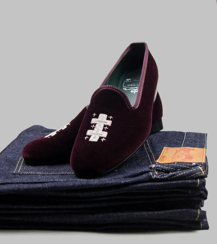 Slippers with soft soles-Bryceland's x Bowhill & Elliott Velvet Slippers Wine