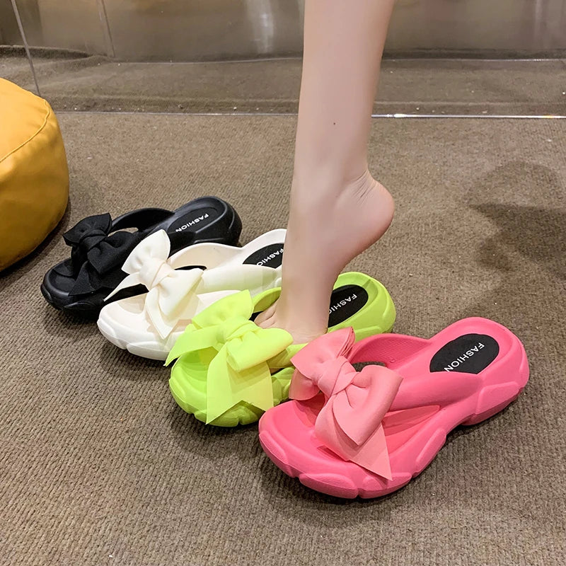 Slippers in deep red-Fashion Bowknot Platform Flip Flop for Women Beach Non Slip Wedge Slippers Woman Thick Sole Clip Toe Slides Sandals