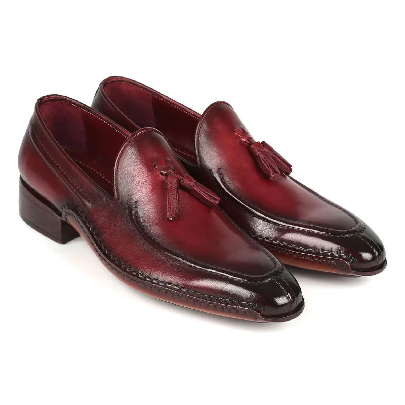 penny loafers for men-Paul Parkman 082-BRD Men's Shoes Bordeaux Calf-Skin Leather Opanka-Sewed Tassel Loafers (PM6358)