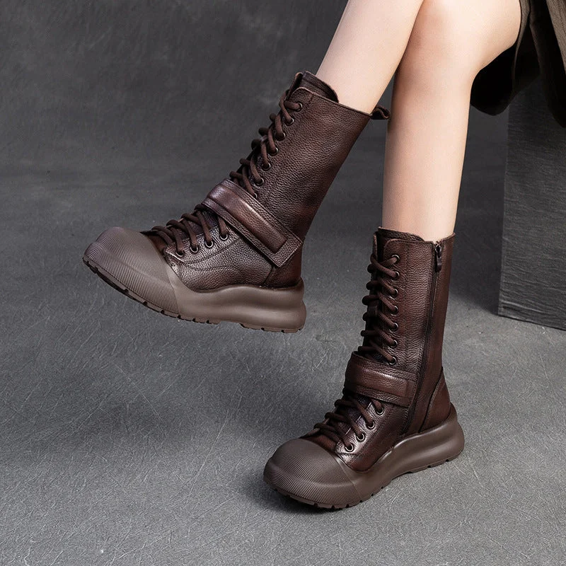 rubber rain boots for women-Women Retro Soft Leather Platform Mid-Calf Boots