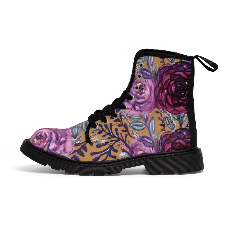 boots for walking on ice-Brown Purple Floral Women's Boots, Flower Print Vintage Style Combat Hiking Boots For Ladies