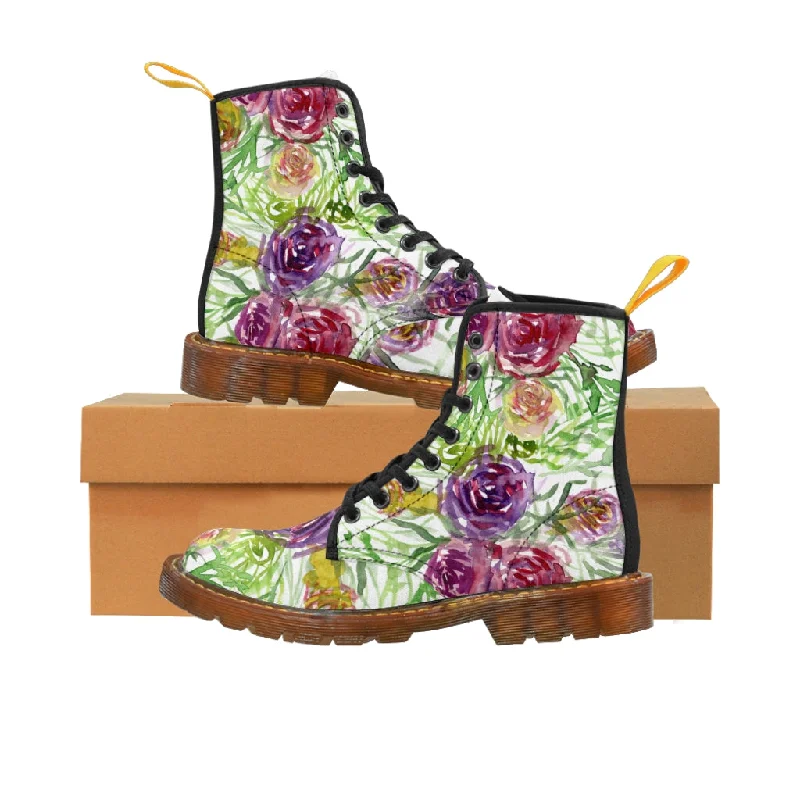 tall snow boots with traction-Garden Rose Floral Women's Boots, Pink Yellow Flower Vintage Style Ladies' Combat Hiking Boots