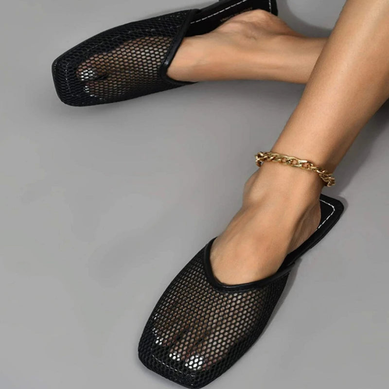 Slippers with soft soles-Women Slippers Sexy Mesh Mules Indoor Home Slides Square Toe Female Flats Shoes Outdoor Clogs Beach Sandals