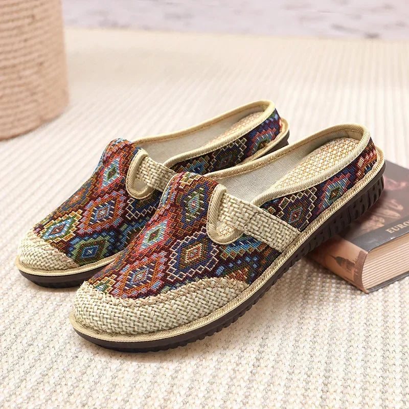 Slippers with chic soles-Fashion Women's Shoes Ethnic Style Embroidered Linen Breathable Outdoor Casual Slippers Shoes