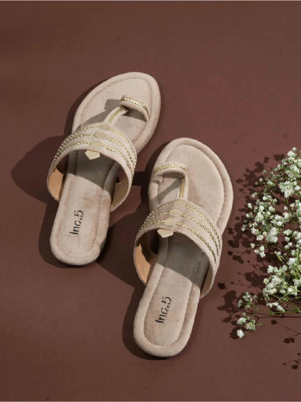 mesh flats breathable-Valentino Rockstud flatsWomens Brown Ethnic Embellished Open Toe Slip-On Flats