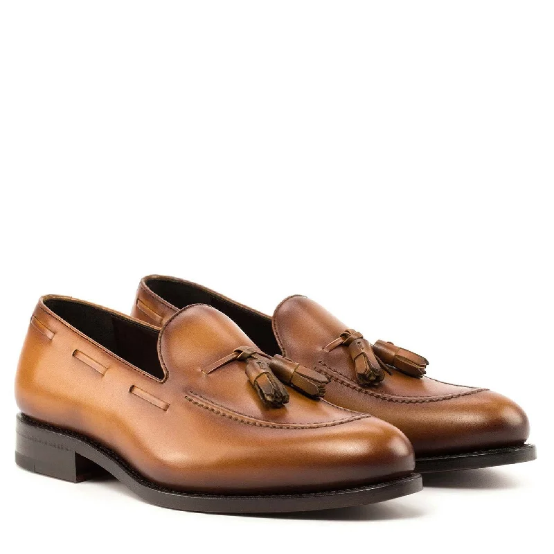 loafers for summer fashion-Ambrogio Bespoke Men's Shoes Cognac Calf-Skin Leather Tassels Loafers (AMB2269)