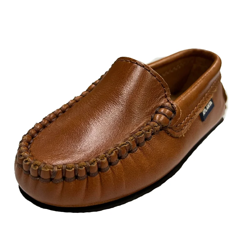 loafers with trendy details for casual look-Atlanta Mocassin Boy's and Girl's Plain Vamp Leather Loafers, Tawny Sierra Antik