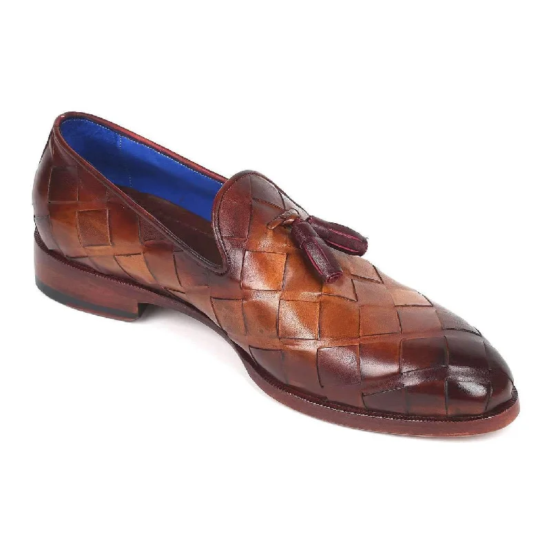 loafers for trendy look and feel-Paul Parkman Men's Brown Woven Leather Big Braided Tassel Loafers 6623-BRW (PM6124)