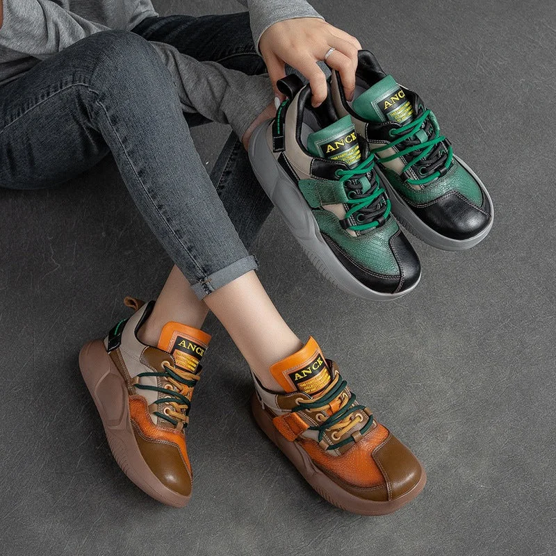 adjustable athletic shoes fit-Women Casual Retro Patchwork Leather Sneakers