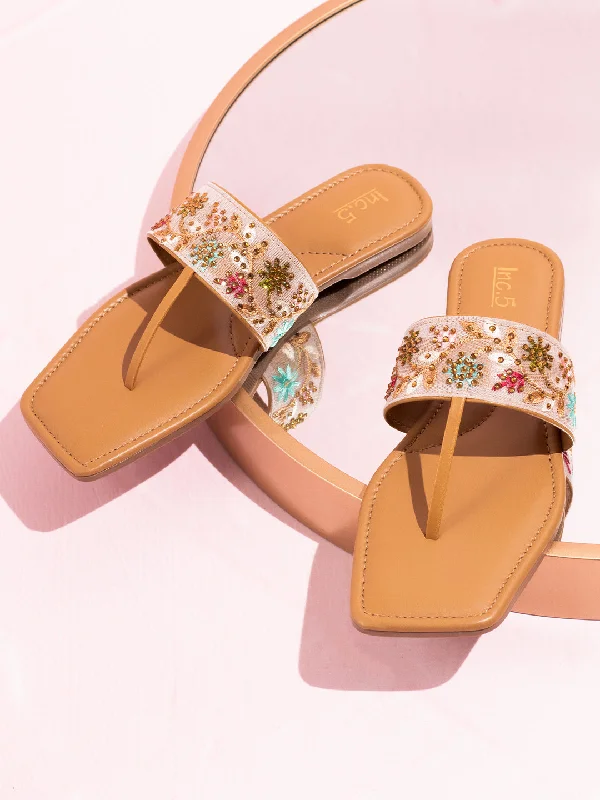 sale flats affordable-Metallic gold flatsWomen Beige & Gold-Toned Embroidered T-Strap Flats