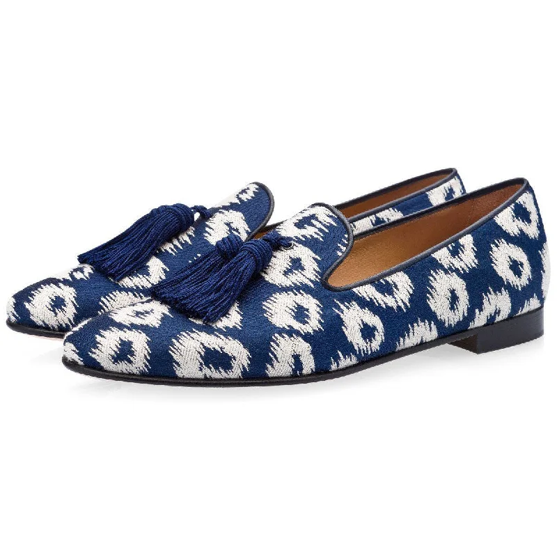 loafers with gold accents-SUPERGLAMOUROUS Louis Rivareno Men's Shoes Navy & Cream Jacquard Canvas Tassels Loafers (SPGM1003)