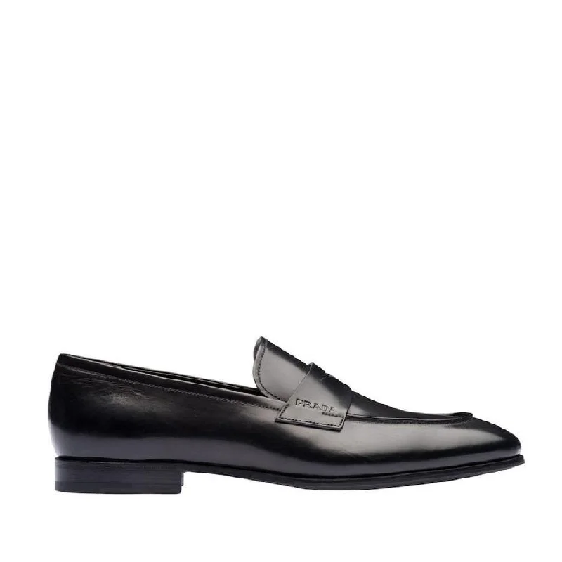 loafers for men with stylish finish-Prada 2DB185-248 Men's Shoes Black Calf-Skin Leather Penny Loafers (PRM1031)