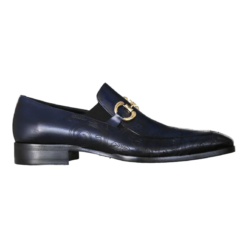 loafers with extra durable sole-Jo Ghost 4957 Men's Shoes Navy Flower Print Leather Horsebit Loafers (JG5367)