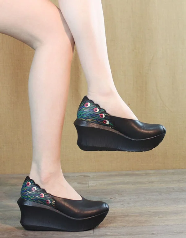 Peacock Print Leather Elegant Wedge Sandals