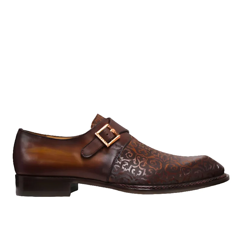 loafers with soft and flexible material-Ambrogio by Mezlan Men's Shoes Cognac Rust Calf-Skin Leather Single Monk-Strap Loafers (AMZ1014)