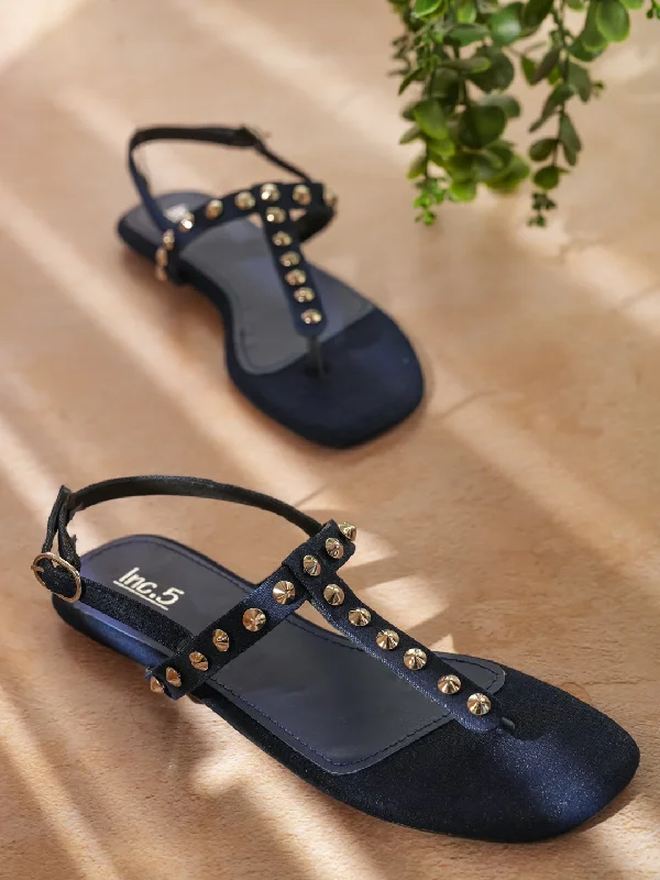 craft flats handmade-Suede flats for womenWomen Navy Denim And Silver-Toned Studded T-Strap Flats