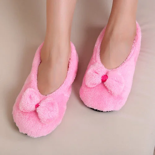 Slippers with sleek soles-Big Bow Knot Warm Soft Sole Women Indoor Floor Slippers/Shoes Bow Tie Flannel Home Slippers