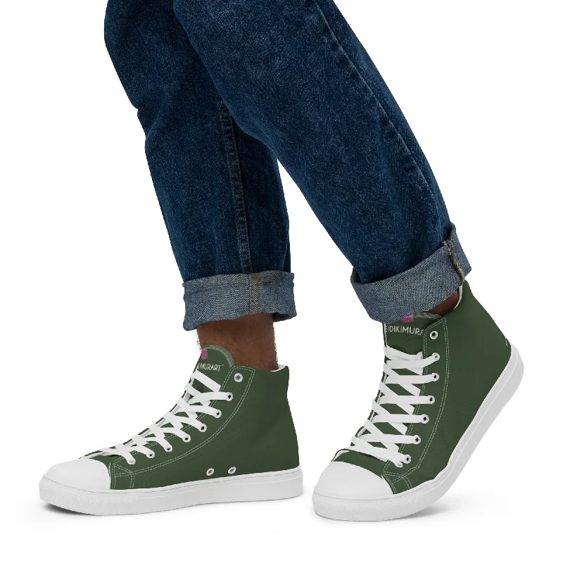 gold athletic shoes flash-Dark Green Men's High Tops, Solid Green Color Men’s High Top Sneakers Canvas Tennis Shoes With White Laces and Faux Leather Toe Caps (US Size: 5-13)