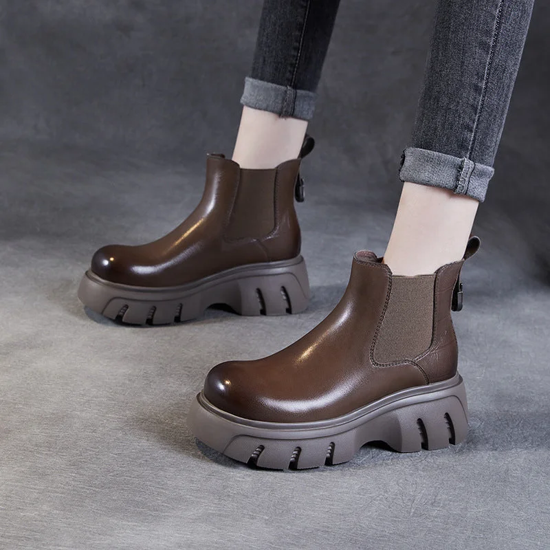 slip-resistant boots for work-Women Retro Casual Leather Ankle Platform Boots