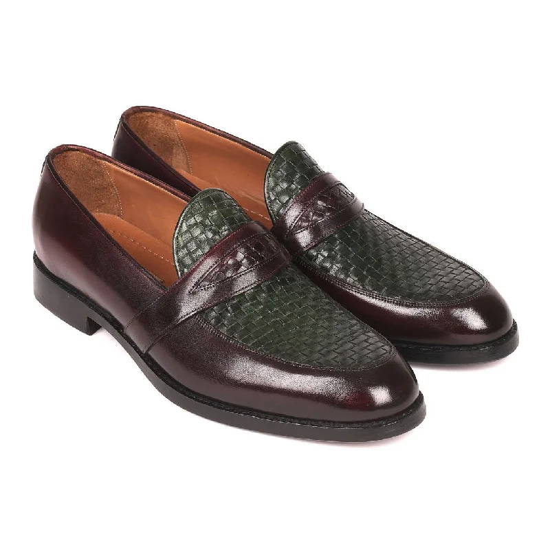 loafers with smooth stitching for durability-Paul Parkman Men's Shoes Green / Brown Woven & Calf-Skin Leather Slip-On Loafers 548LF832 (PM6208)